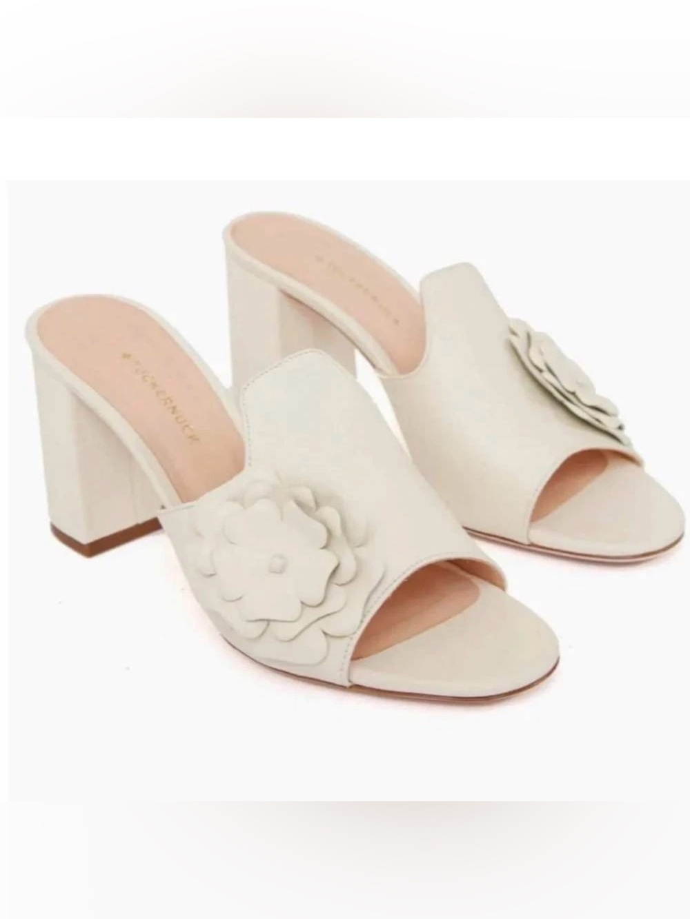 Tuckernuck Ivory Mia Mule Leather 3D Flower Block Heel Sandals NIB Size 10